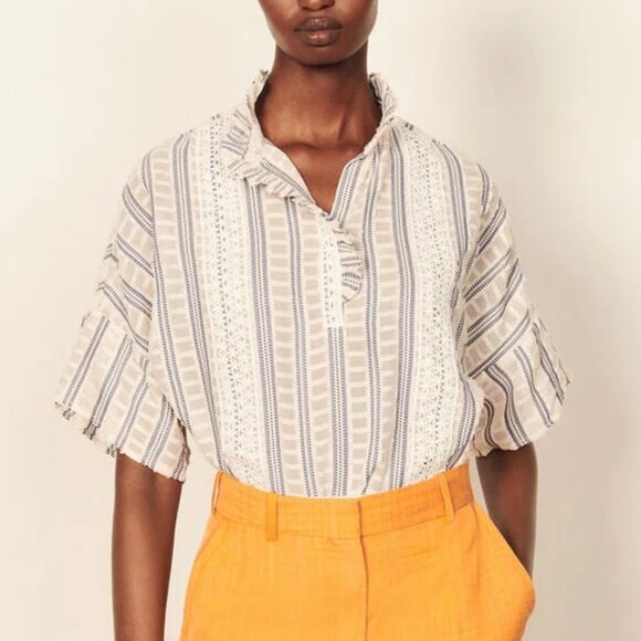 Sandro Guipure Lace Ruffle Trim Stripe Half Sleeve Boho Quiet Luxury Blouse - Picture 10 of 10